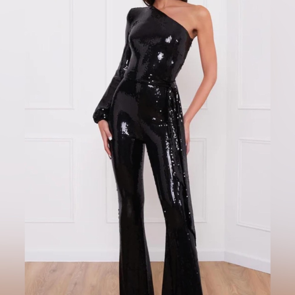 Nadine Merabi Black Sequin Jumpsuit